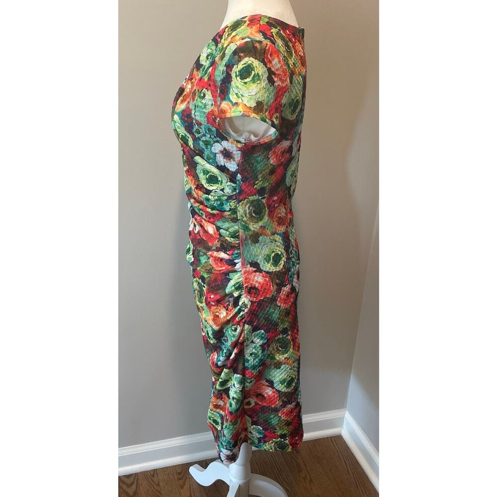 Joseph Ribkoff Sheath Floral Dress Sz 8 Colorful Ruched Stretchy V-Neck Chic - Picture 5 of 13